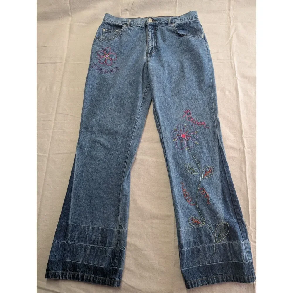 No Boundaries Juniors 11 Y2K Flower Power Embroidered Wide Leg Jeans 100% Cotton